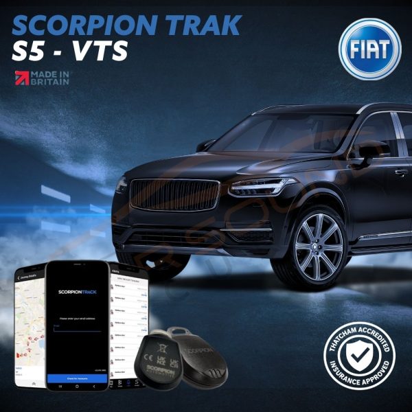 Scorpion S5-VTS Thatcham Approved GPS vehicle tracker professionally installed for Fiat cars, providing 24/7 theft monitoring and live tracking.